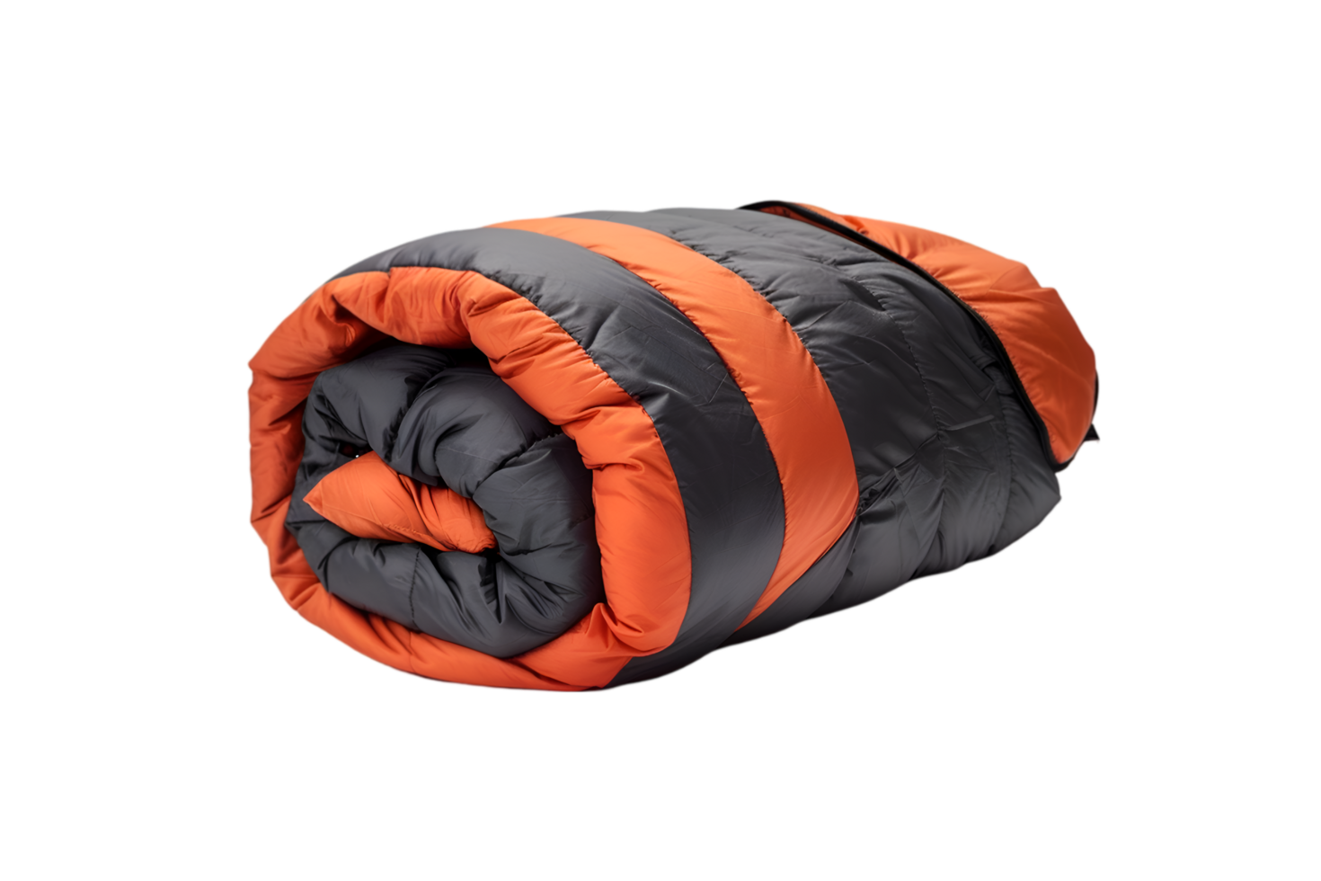 Rolled orange and gray sleeping bag camping gear outdoor adventure warmth comfort, png