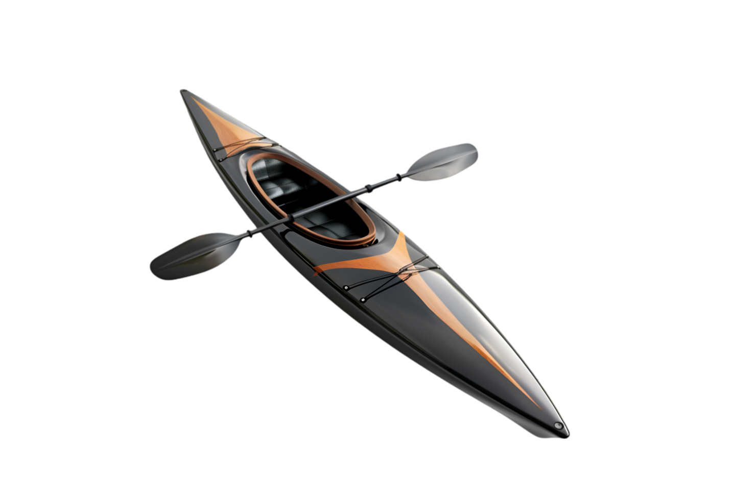 Sleek black kayak with orange accents ready for adventure on water, png