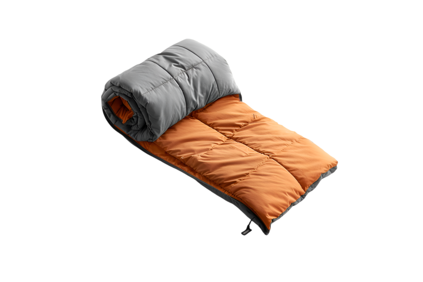 Gray and orange sleeping bag rolled up camping gear outdoor adventure warmth comfort png