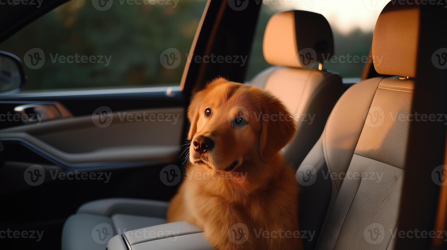 Adorable golden retriever puppy enjoying relaxing car ride, bathed in glow of golden hour sunlight photo