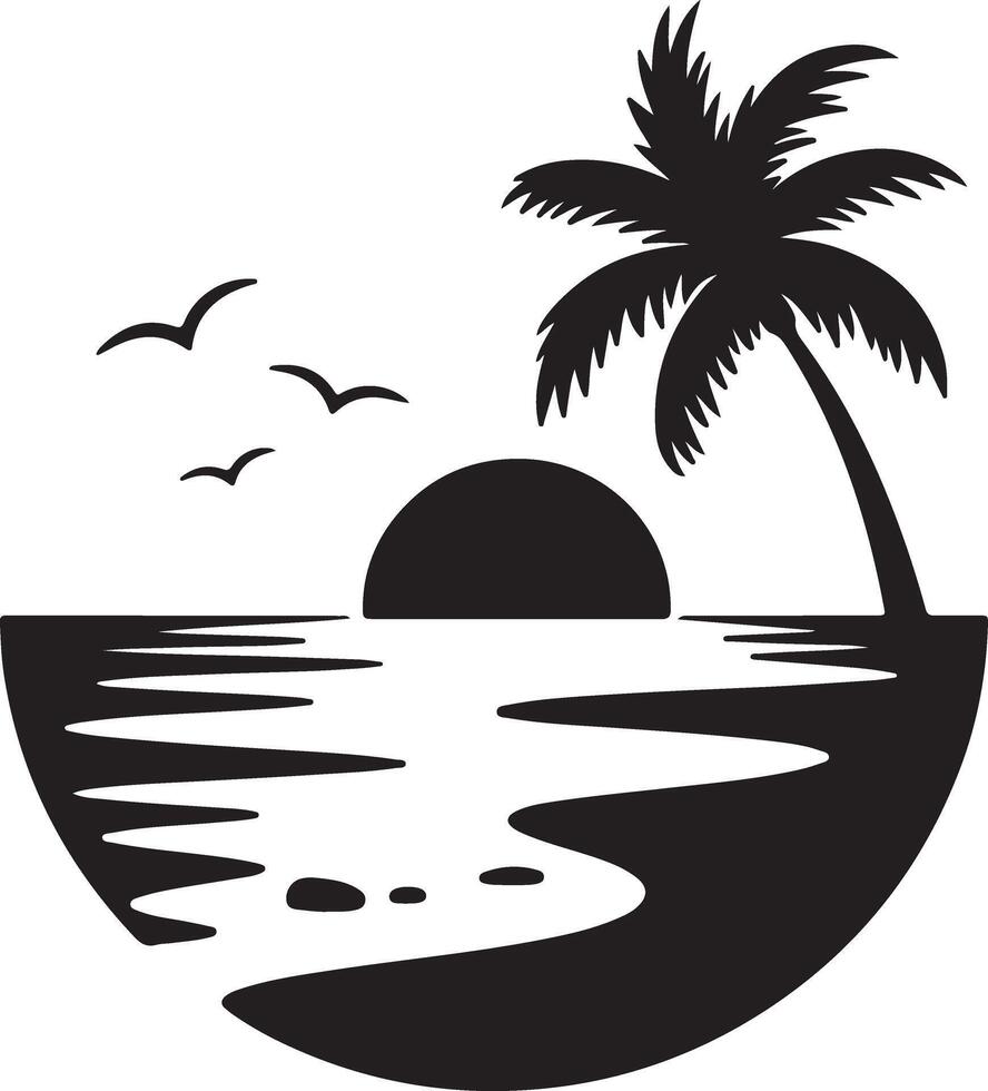 Tropical sunset with palm tree and birds over water ocean vector