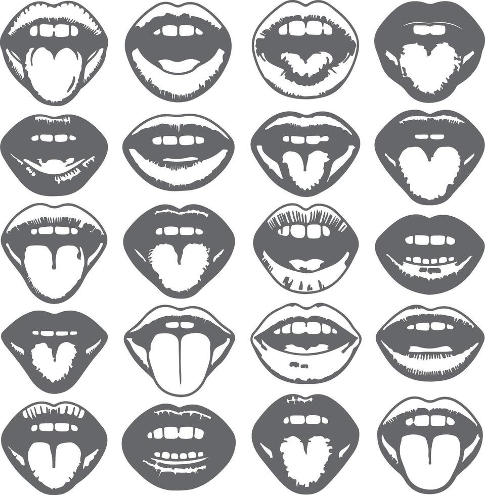 Gray Scale Collection of Twenty Diverse Mouth Silhouettes Showing Teeth Tongues and Open Lips in Various Expressions vector