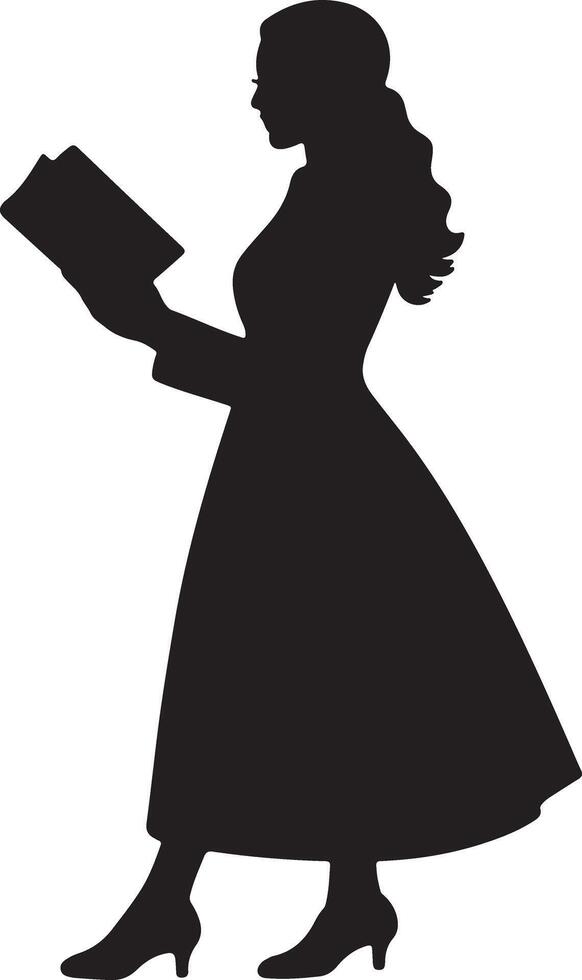 Black Silhouette Woman Reading Book Elegant Dress Shoes Long Hair Side Profile vector