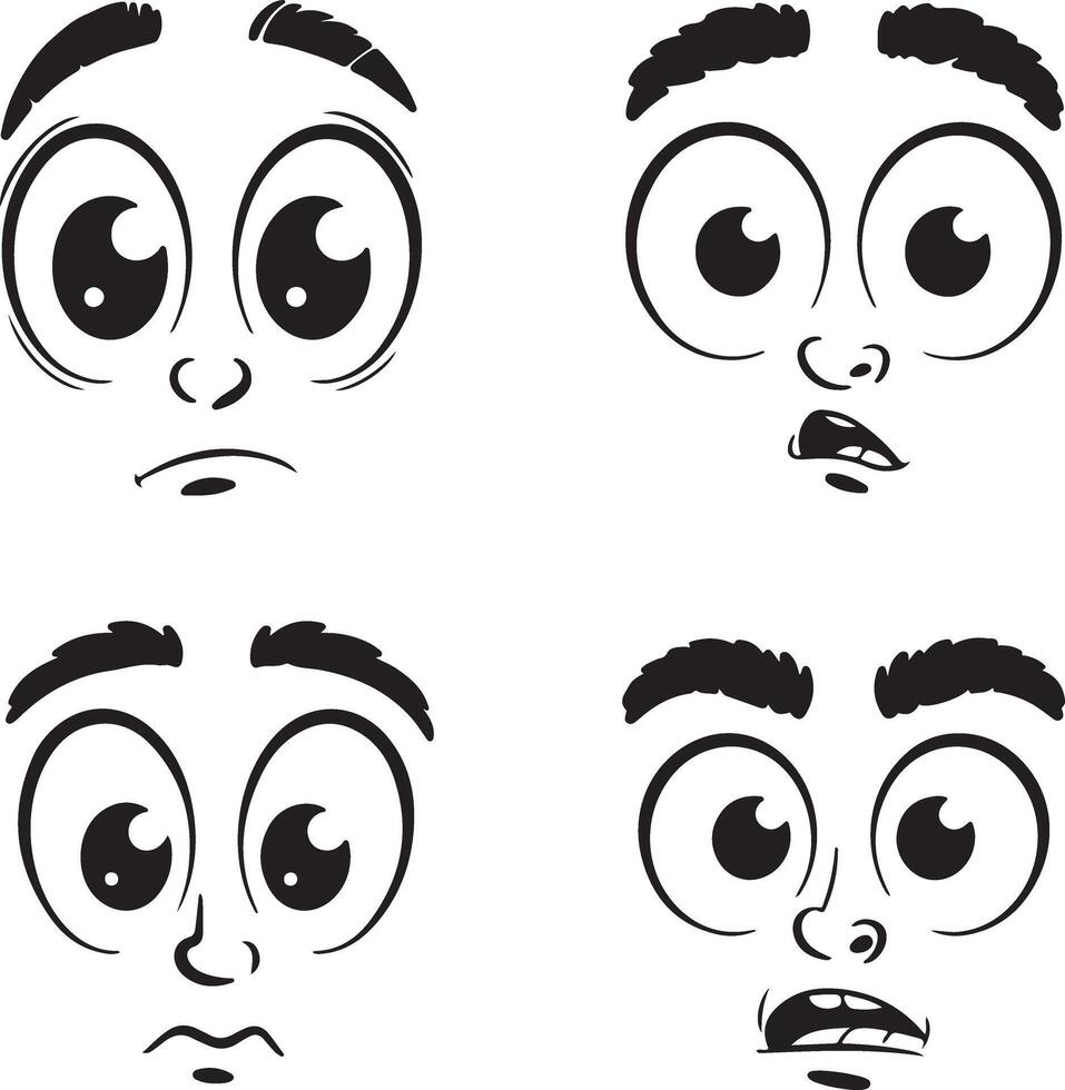 Four Cartoon Faces Showing Different Emotions Sad Surprised Worried and Scared Black and White Silhouette Illustrations vector