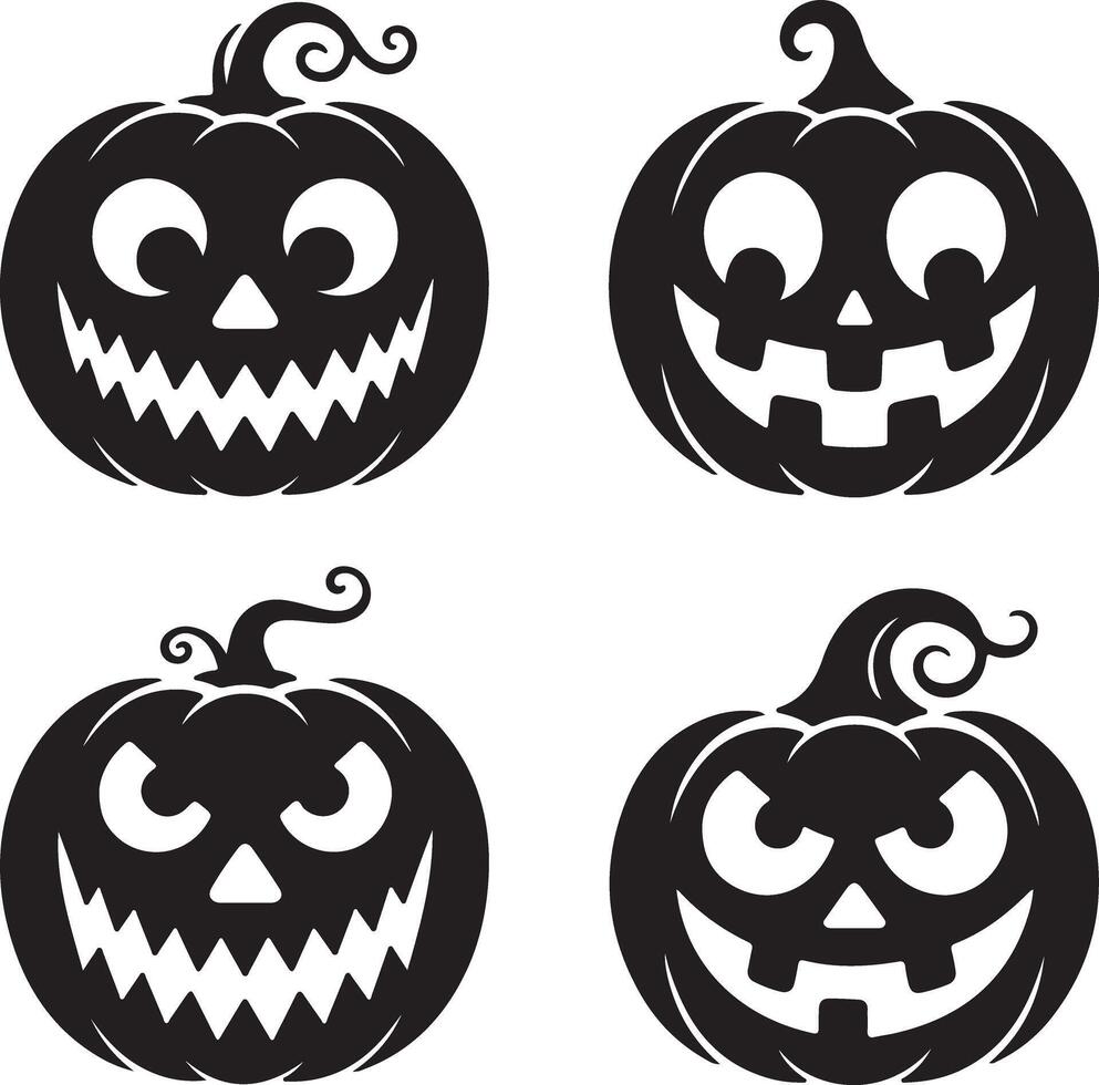 Four black pumpkin silhouettes with carved faces halloween jack o lantern vector