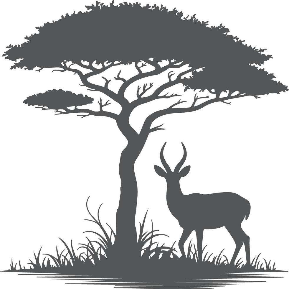 Gray Silhouette of an Antelope Gazelle Standing Near a Large Dark Gray Acacia Tree in Tall Grass a Simple Nature Scene vector