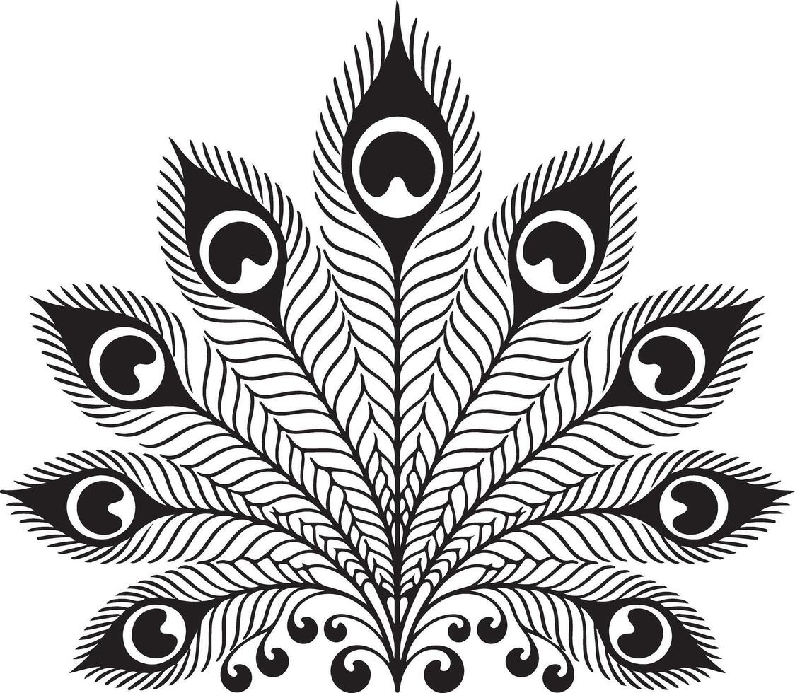 Intricate black peacock feather silhouette with swirling decorative elements black and white vector