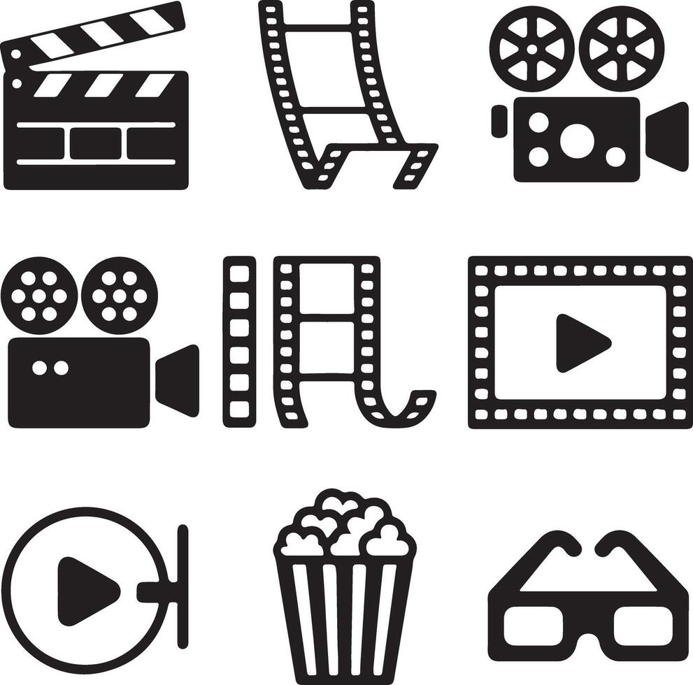 Nine Black Silhouette Icons Depicting Movie Filmmaking and Viewing Elements Including Clapperboard Film Reel Camera Popcorn and 3 D Glasses vector
