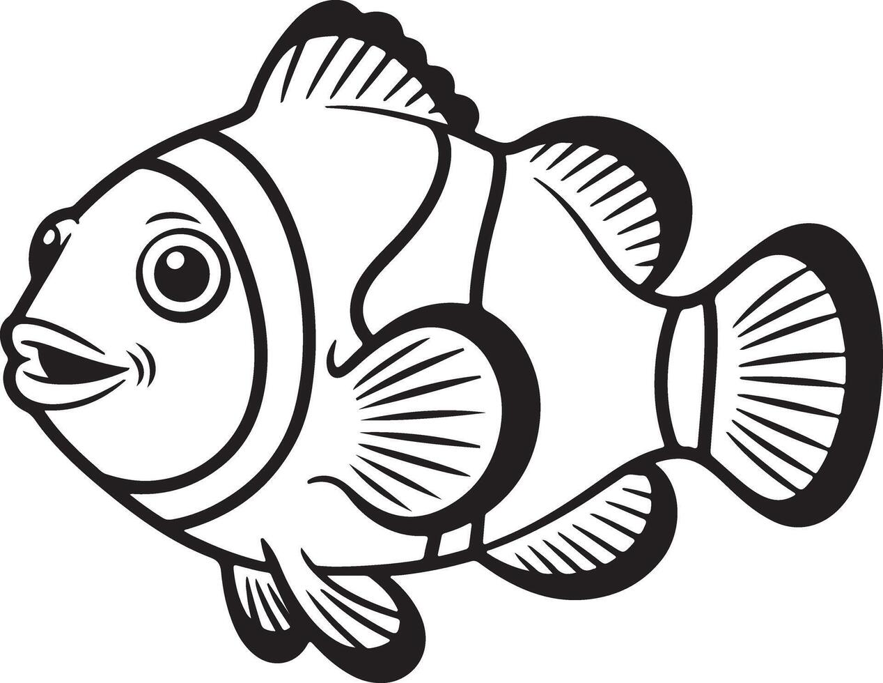 Black and White Cartoon Silhouette of a Clownfish with Large Eyes and Open Mouth Swimming Sideways vector