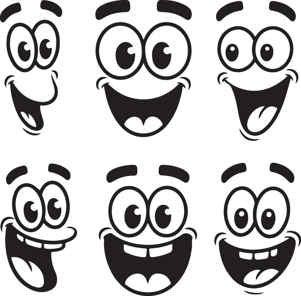 Happy cartoon faces with wide smiles and big eyes smiling laughing vector