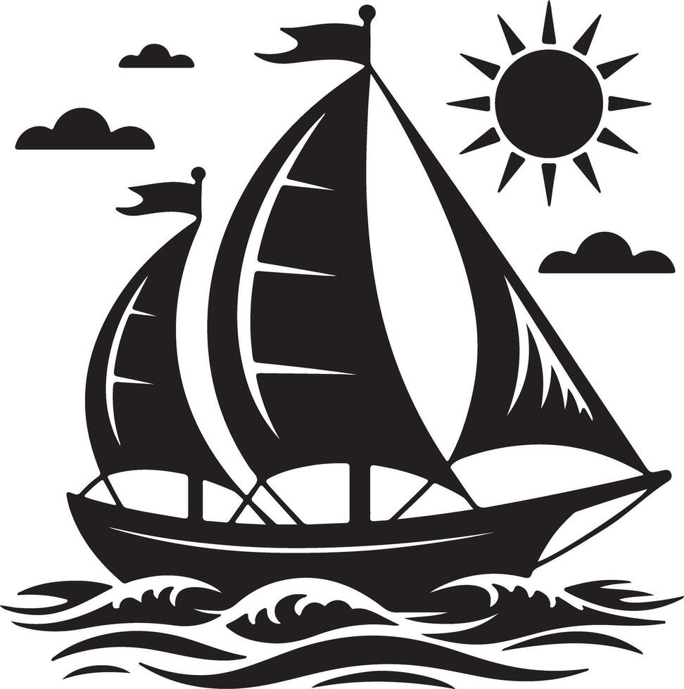 Black sailboat silhouette on wavy water under sun and clouds white vector