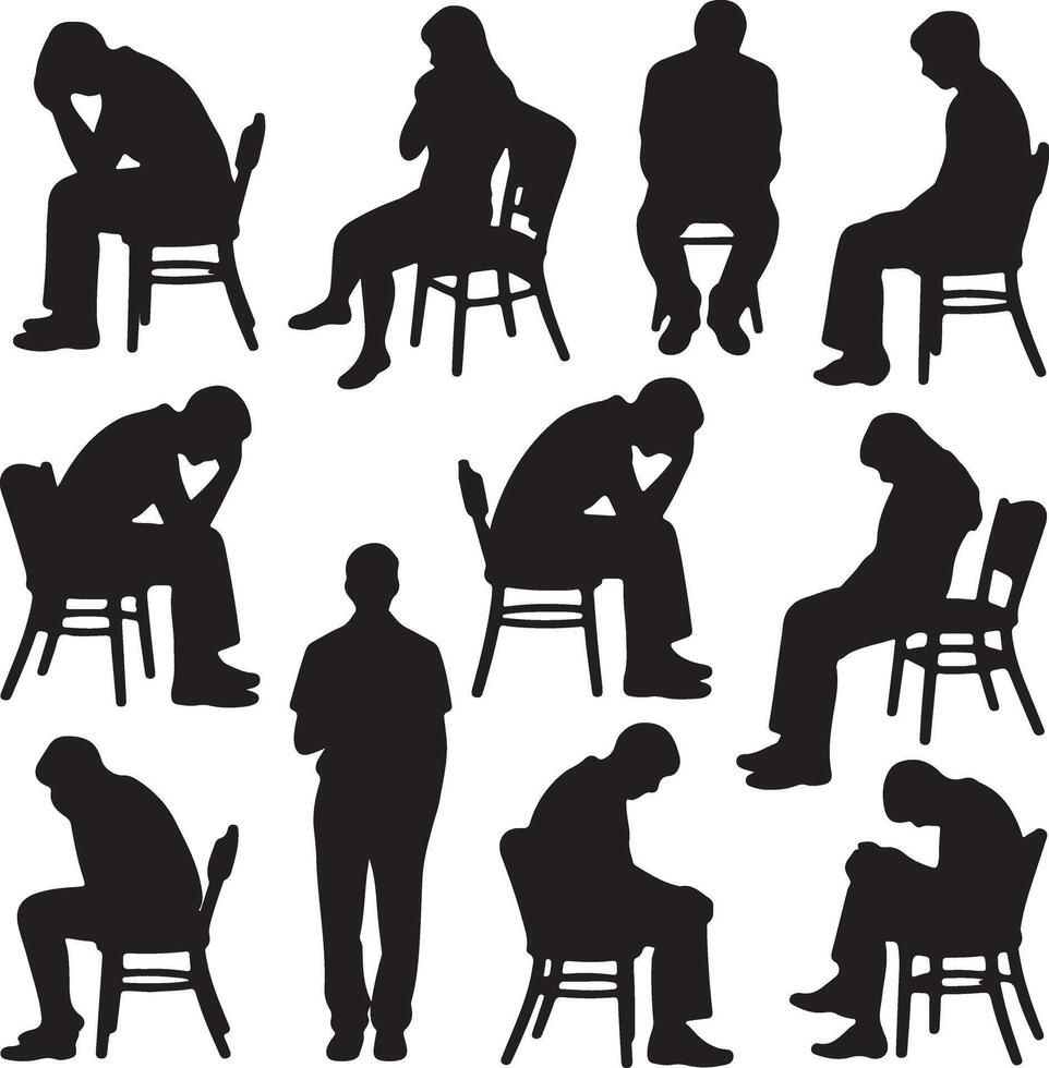 Collection of Black Silhouettes Depicting People Sitting on Chairs in Various Poses of Thoughtfulness and Contemplation vector