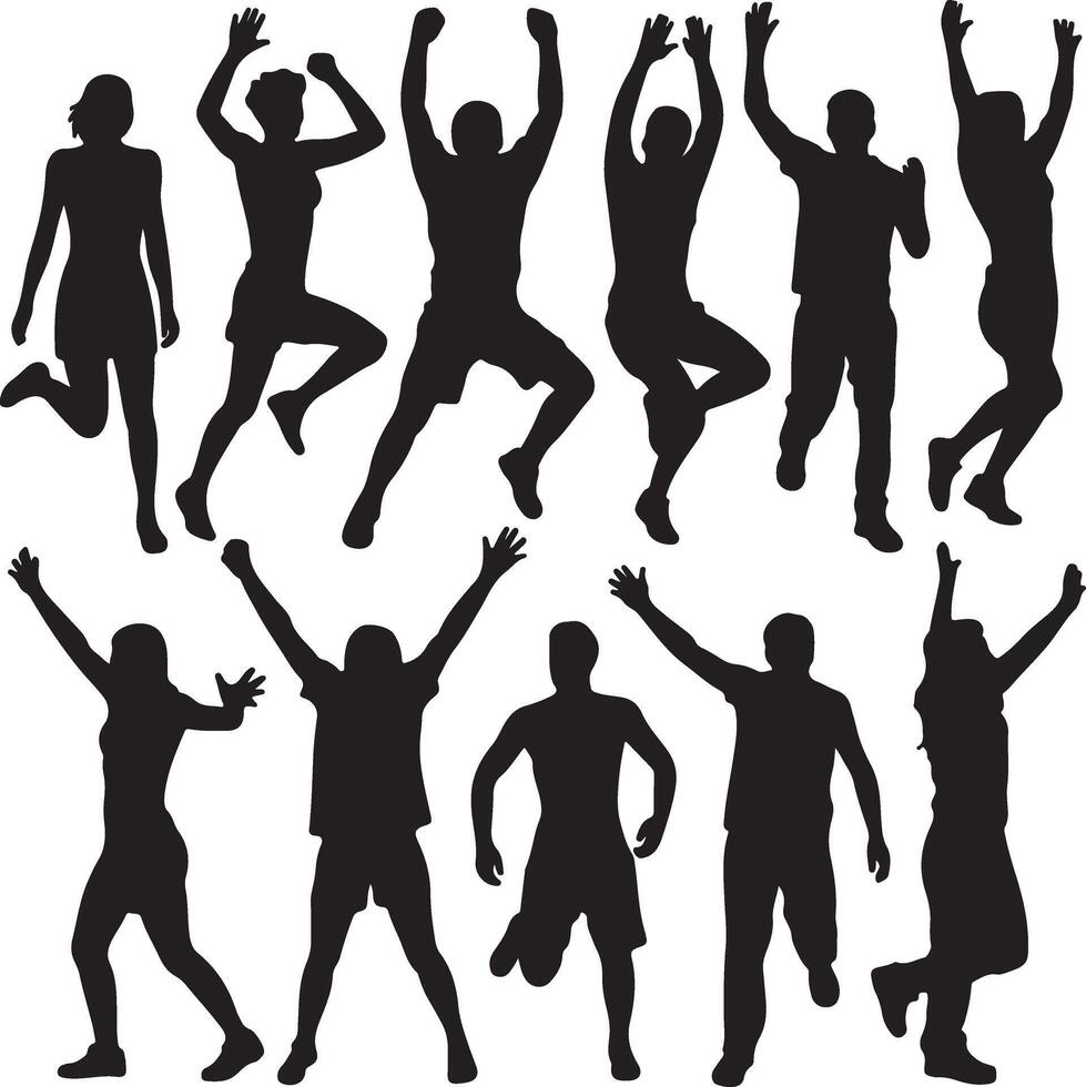 Diverse people in dynamic poses celebrating and moving silhouette celebration vector