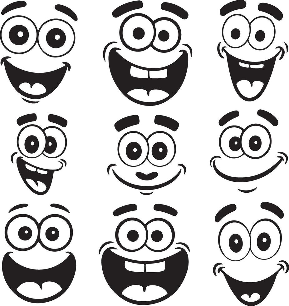Black and white cartoon faces with expressive eyes and wide smiles expressions happy vector