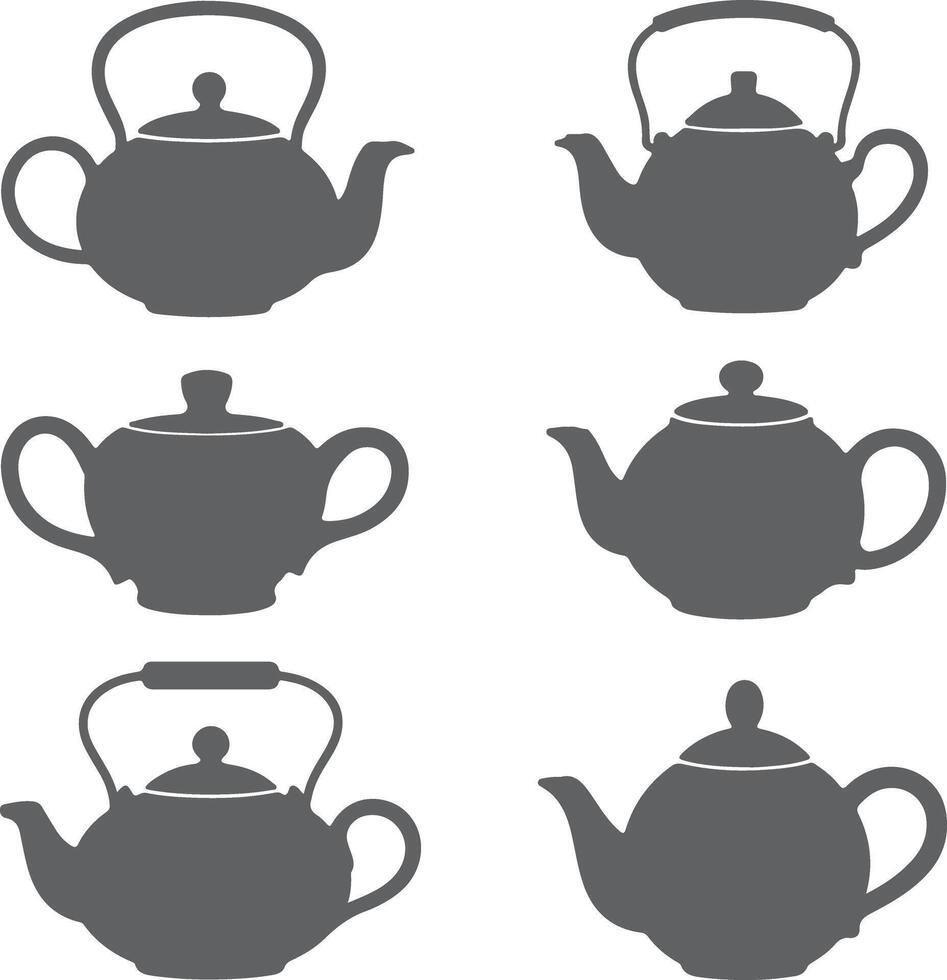 Six Gray Teapot Silhouettes Different Styles and Shapes Simple Kitchenware Icons Illustration vector