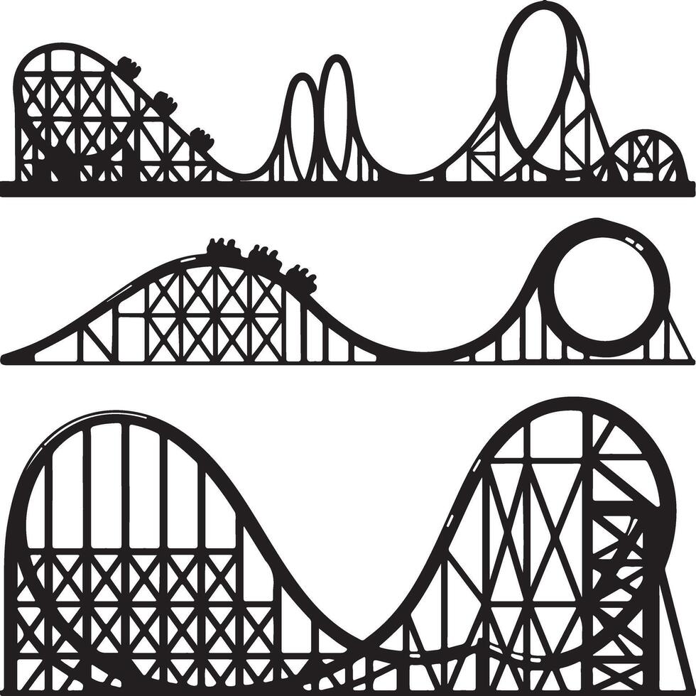 Three Black Silhouette Roller Coaster Track Designs with Cars Amusement Park Ride Illustration vector