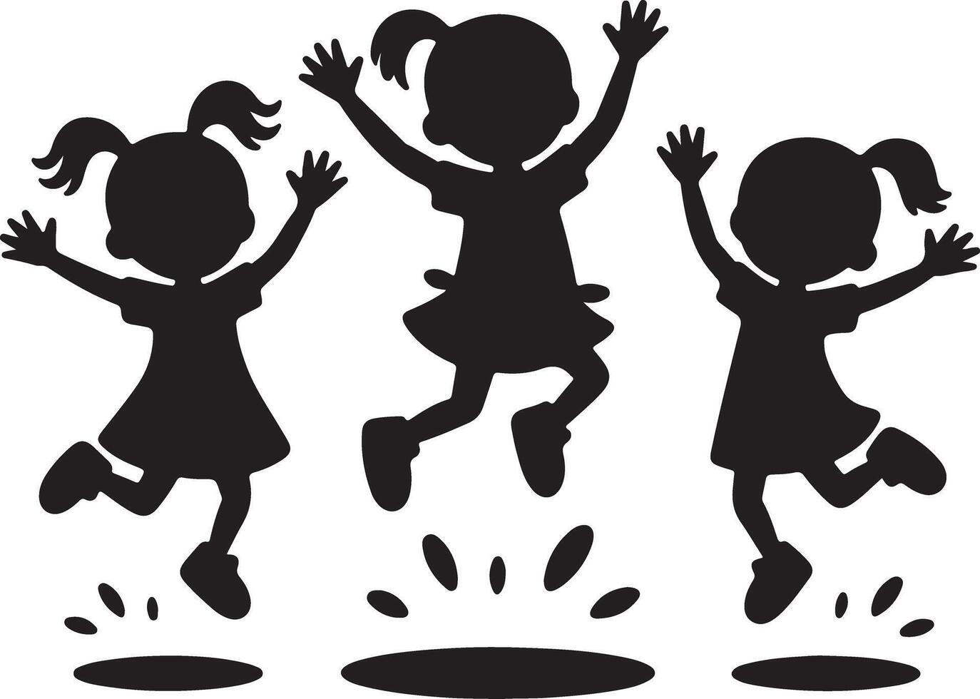 Three Black Silhouettes of Girls Joyfully Jumping with Upraised Arms and Pigtails Against a White Background vector