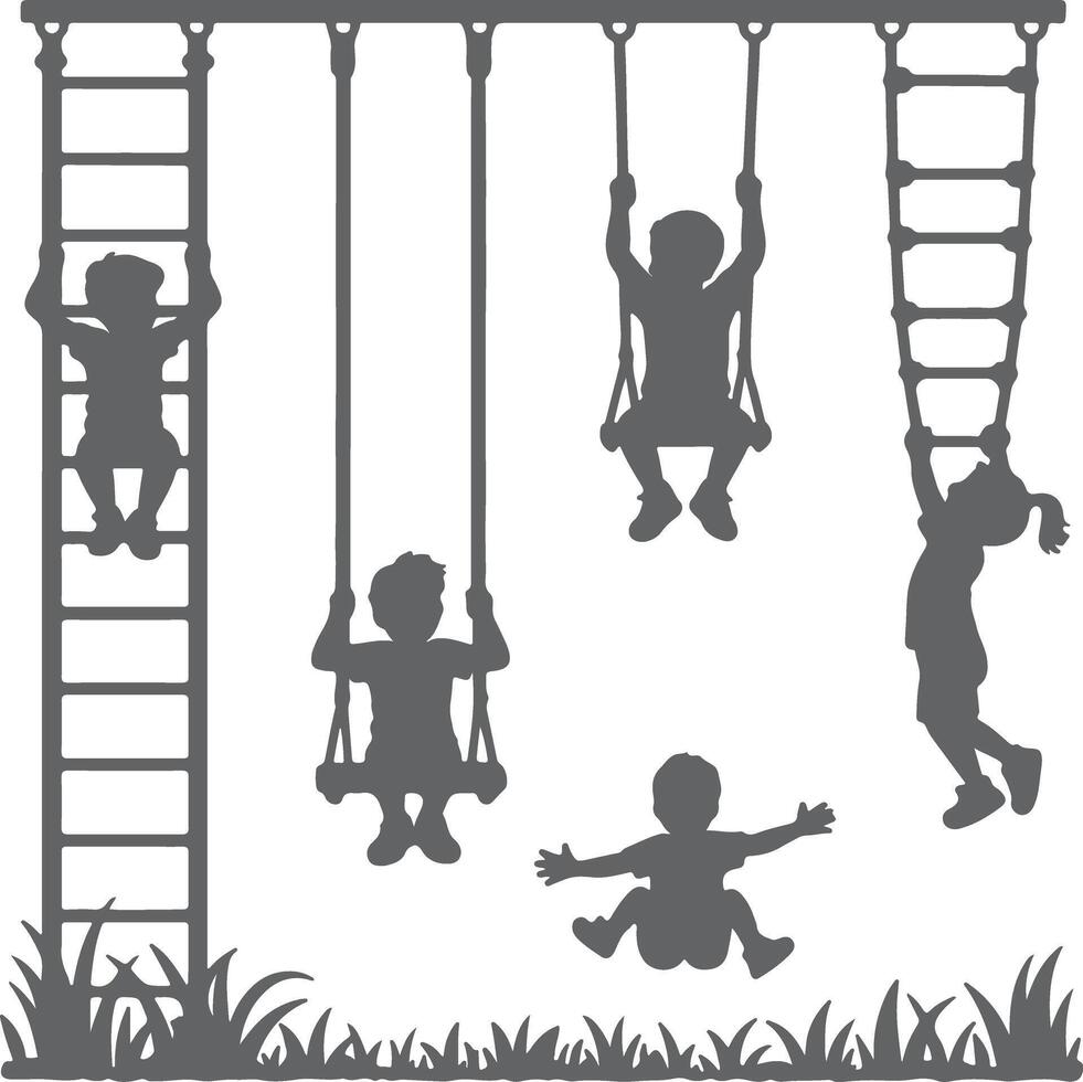 Gray Silhouette Children Playing on Playground Swings Ladder Climber Jumping Fun Kids Activity Illustration vector