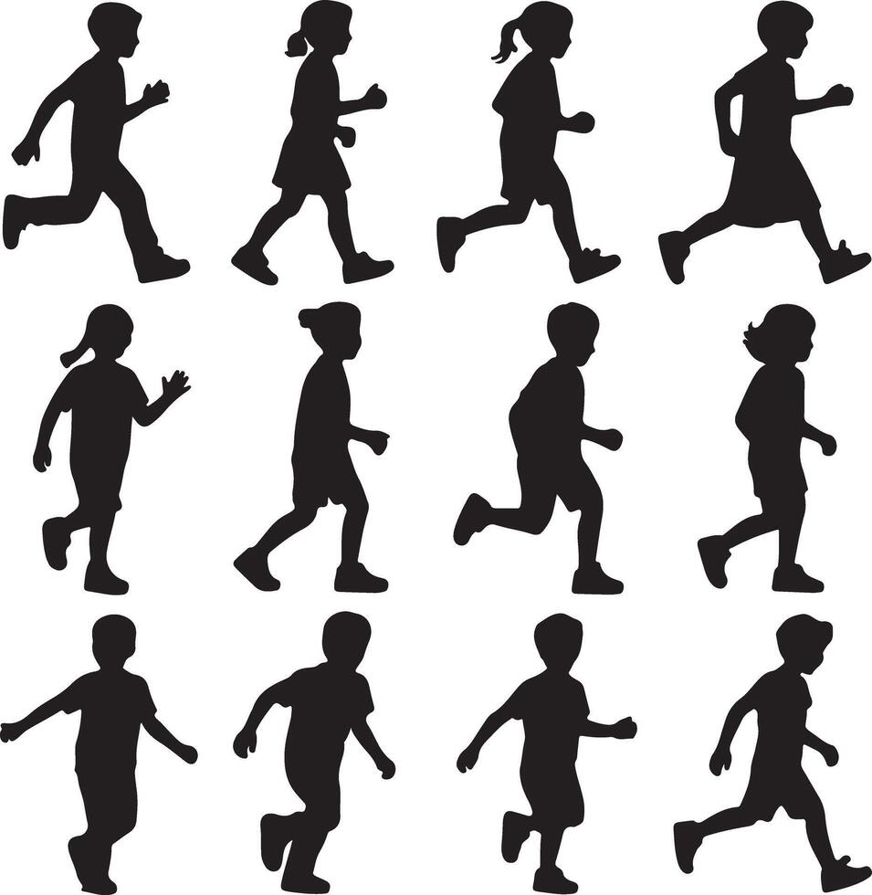 Children running silhouettes black white vector