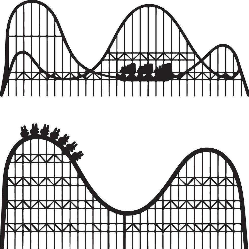 Two Black Silhouette Roller Coasters One Showing Passengers Riding the Track Detailed Steel Structure Design Amusement Park Ride Illustration vector