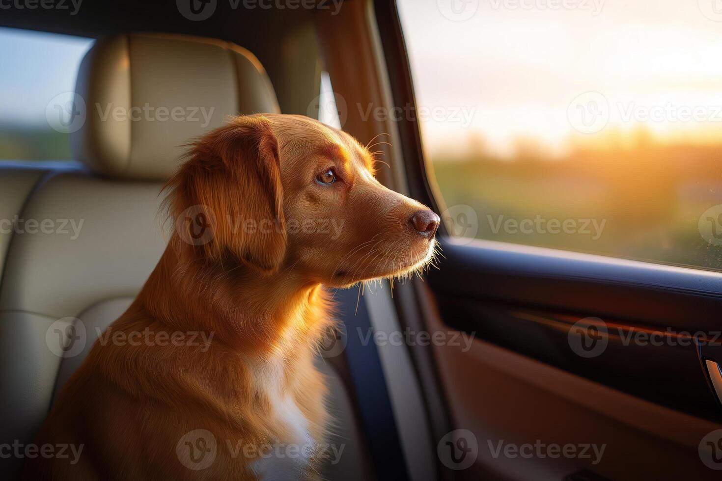 Golden retriever dog sitting in car, soaking up warm golden hour sunlight during road trip photo