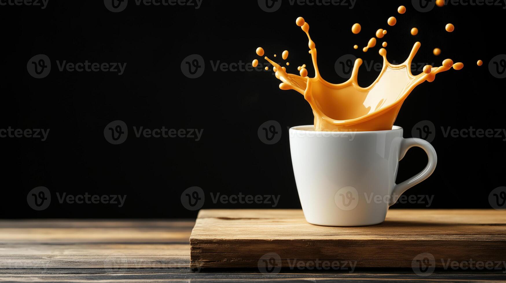 Coffee splash in white cup on wooden table on black background, copy space photo