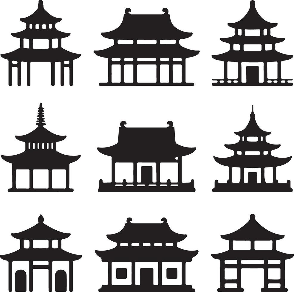 Asian pagodas architecture silhouette collection temple building vector