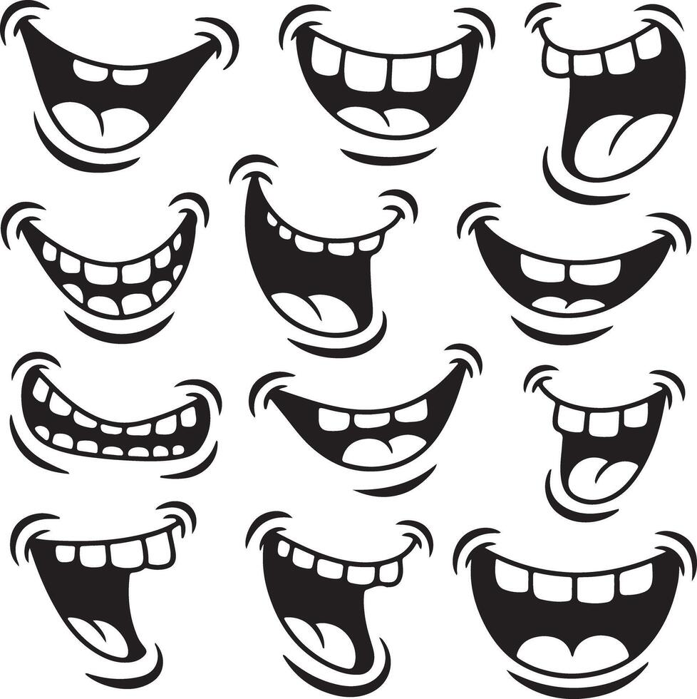 Twelve Black and White Cartoon Mouth Silhouettes Displaying Various Expressions Open Wide Grinning Smiling and Showing Teeth vector