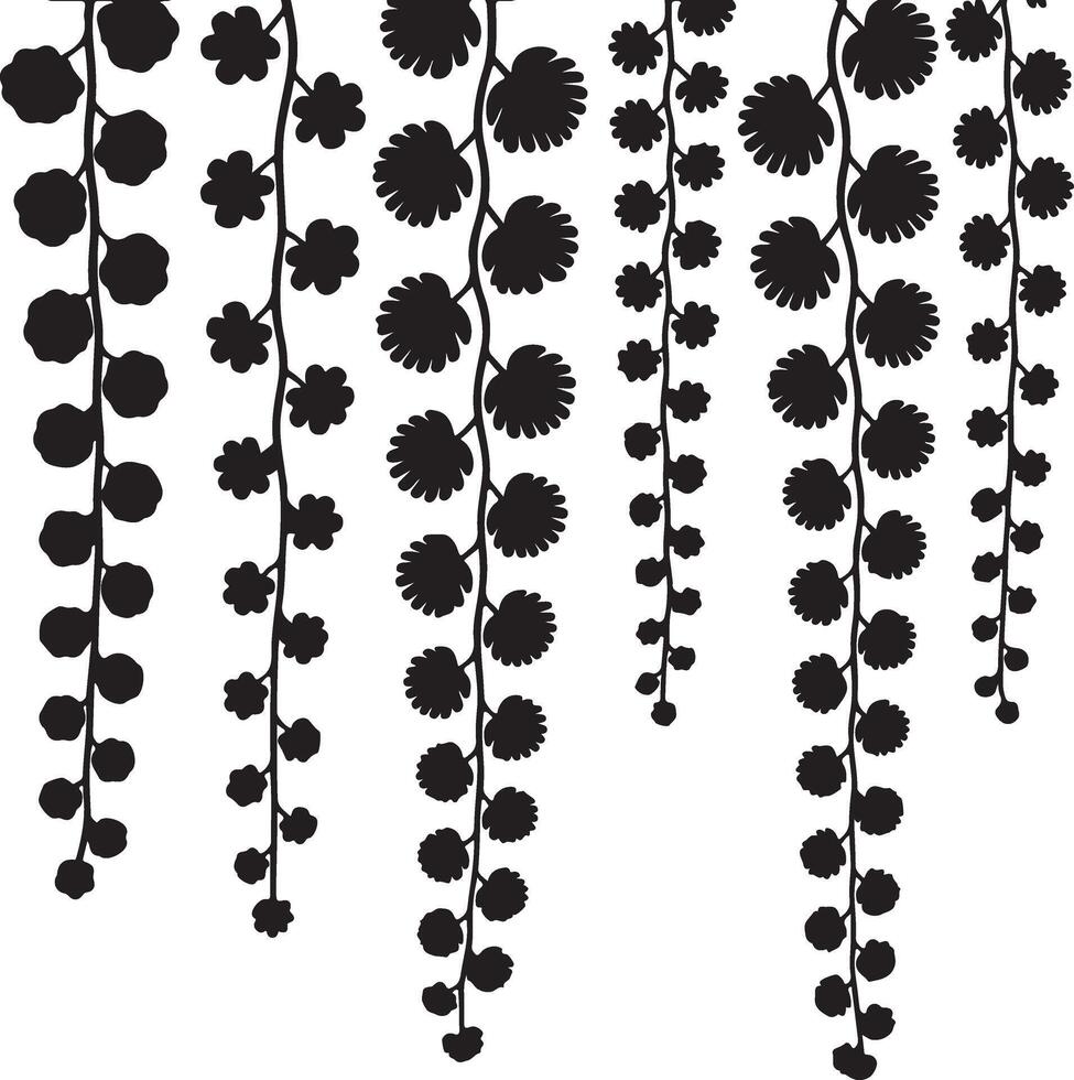 Black silhouette of hanging plants with rounded and serrated leaves vines botanical vector