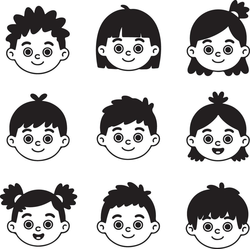 Nine Black and White Childrens Faces Simple Cartoon Style Silhouettes Happy Expressions Diverse Hair Styles vector