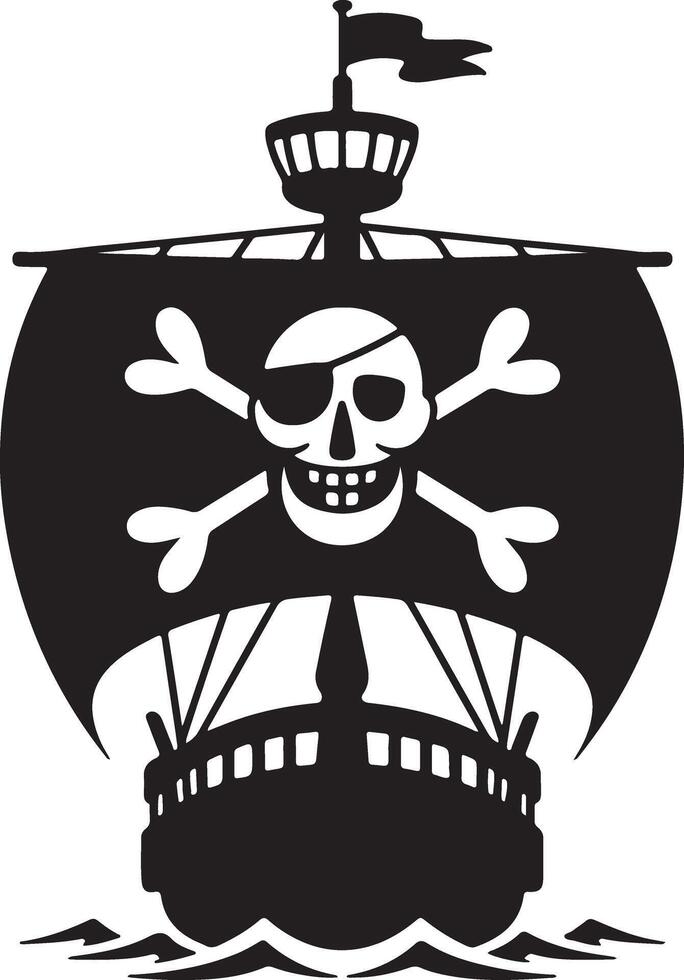 Black and White Silhouette of a Pirate Ship Sailing on the Ocean with a Jolly Roger Skull and Crossbones Flag vector