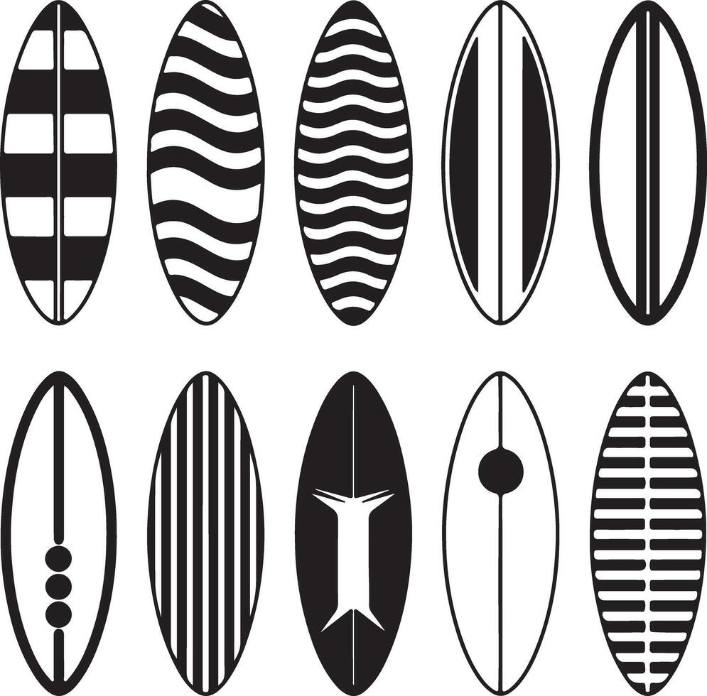Collection of Twelve Black and White Surfboard Silhouette Designs with Geometric Patterns Stripes Waves and Minimalist Shapes vector