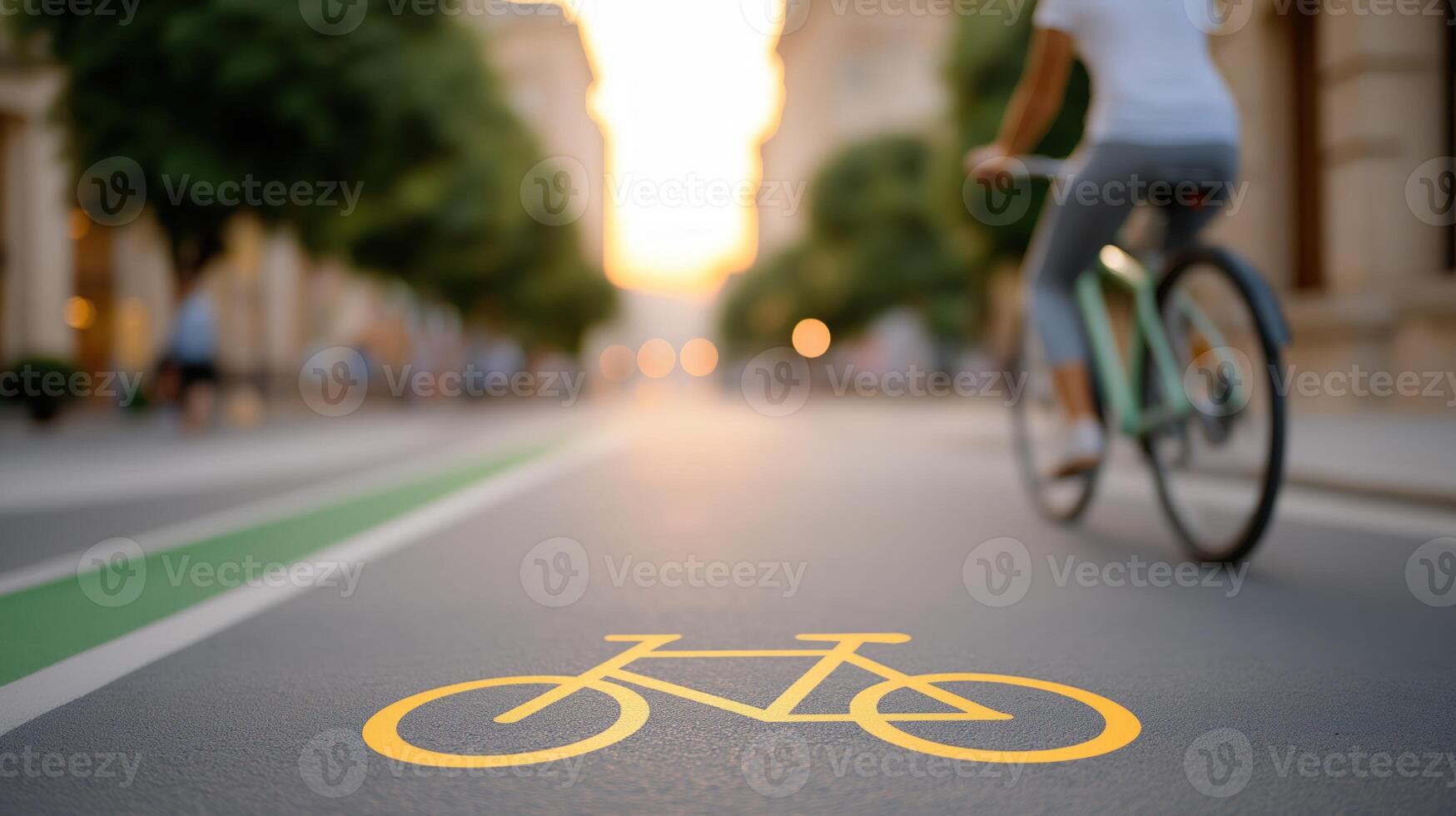 Woman riding bicycle on sunset lit city street in designated bike lane, with copy space photo