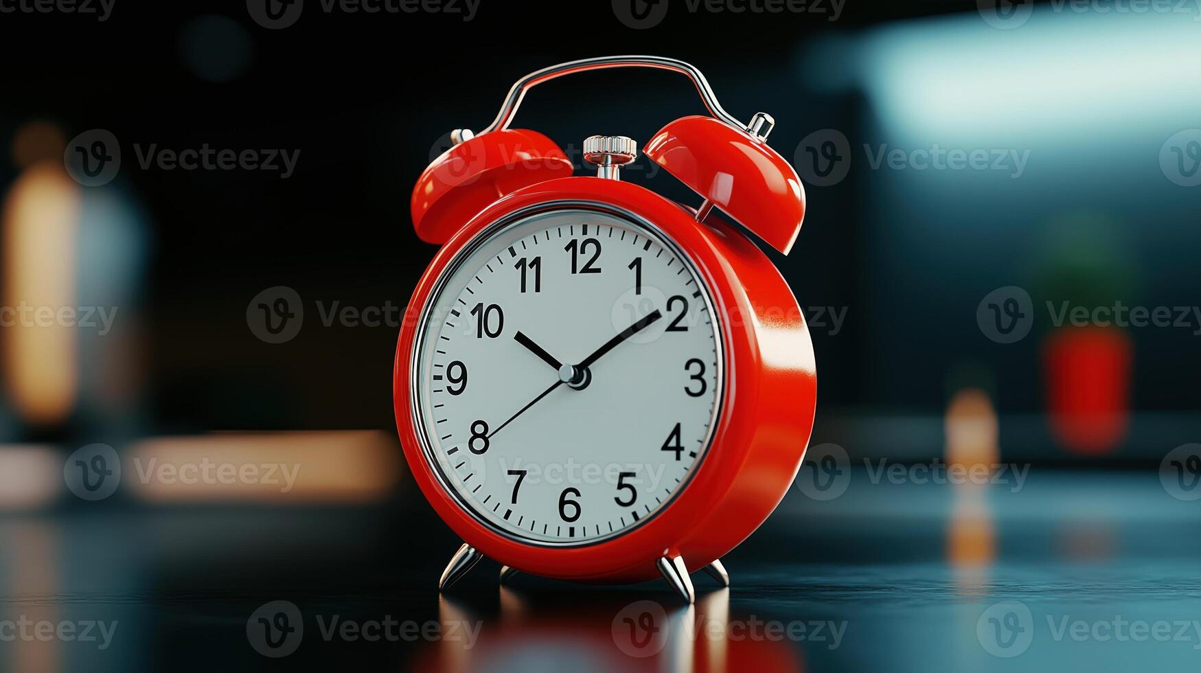 Classic red alarm clock standing on dark surface, indicating specific time photo