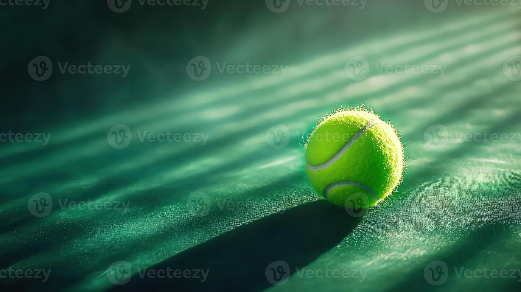 Tennis ball sits on tennis court, bathed in sunlight, casting shadow on green surface, copy space photo