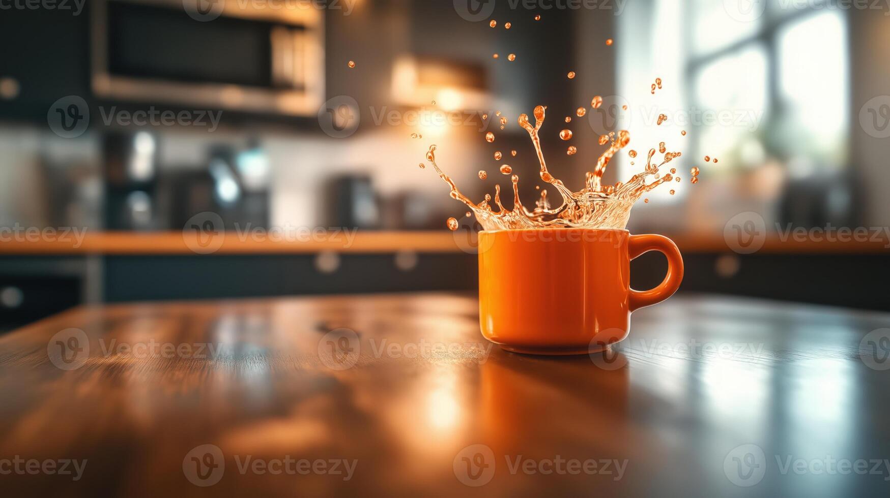 Orange cup splashing liquid in modern kitchen interior, with copy space photo