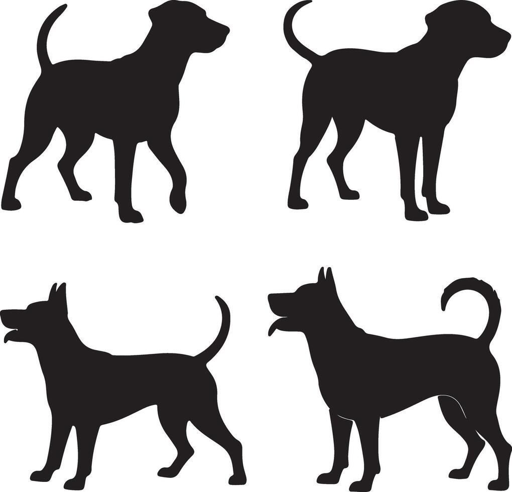 Four canine silhouettes in various poses black white vector