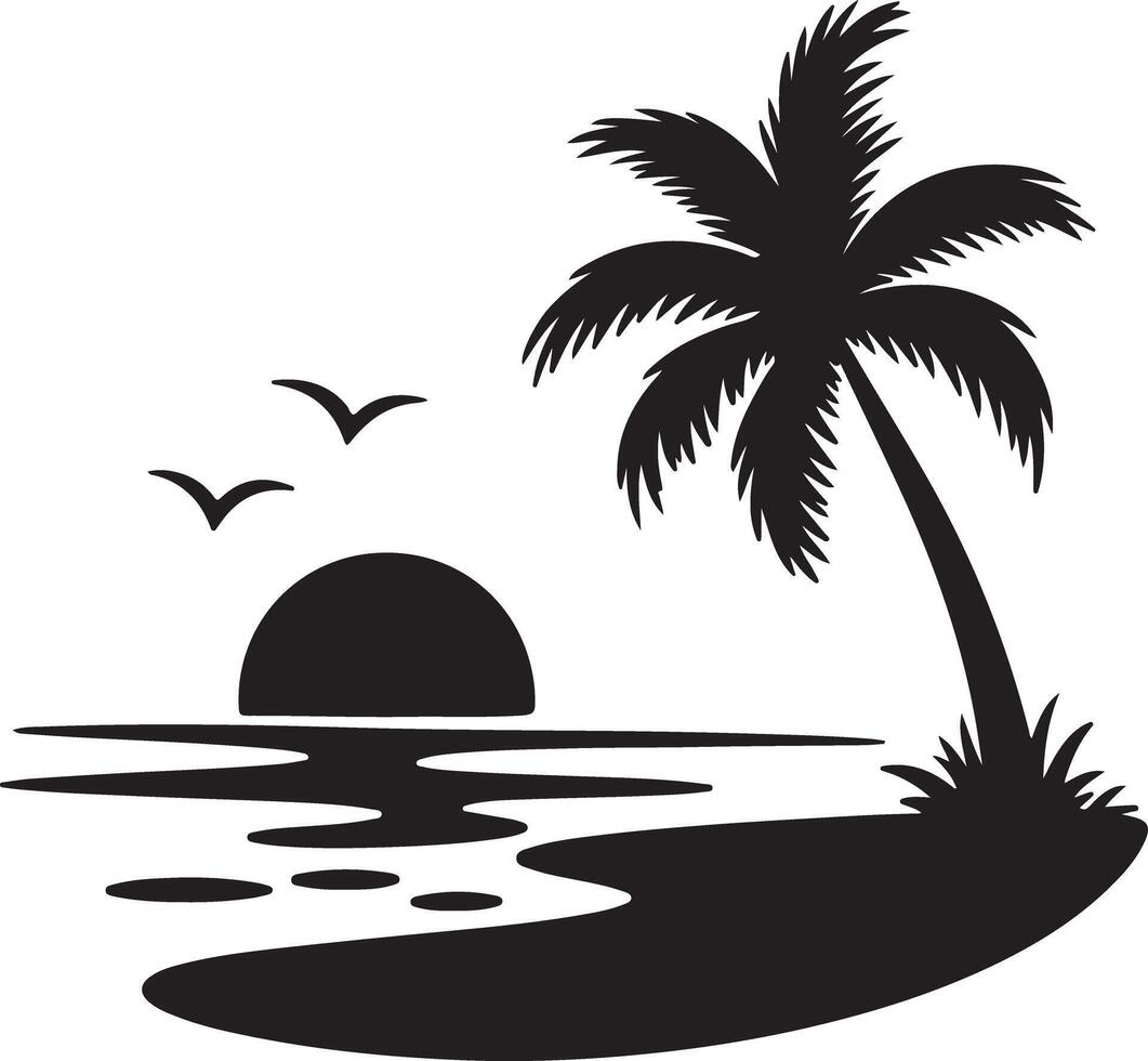 Black Silhouette Tropical Sunset Scene Palm Tree Ocean Beach Birds Minimalist Graphic Design Illustration vector