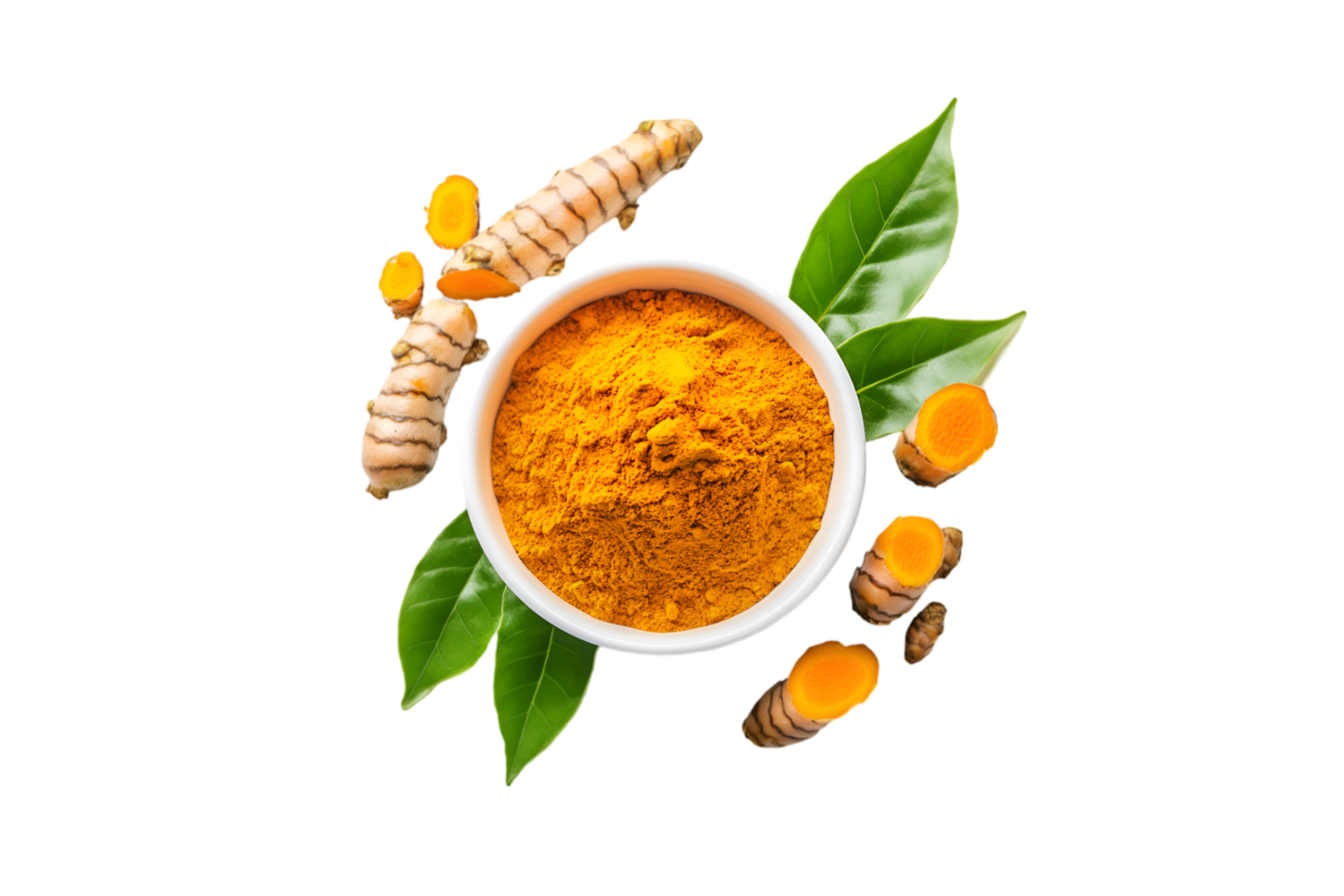 Turmeric powder in bowl with roots png