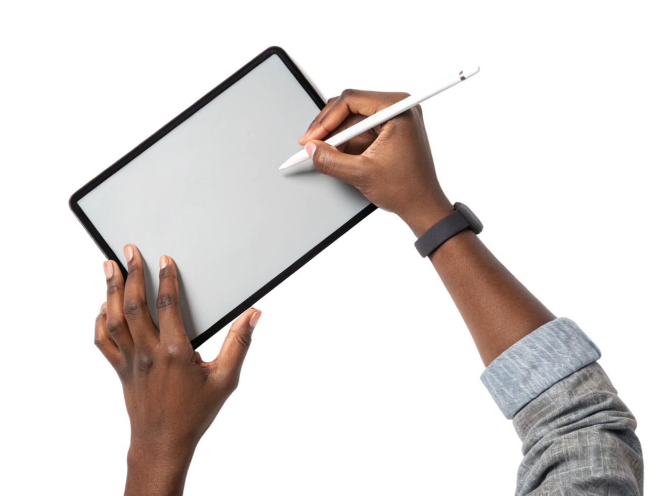 Dark-skinned hands using stylus on tablet blank screen png