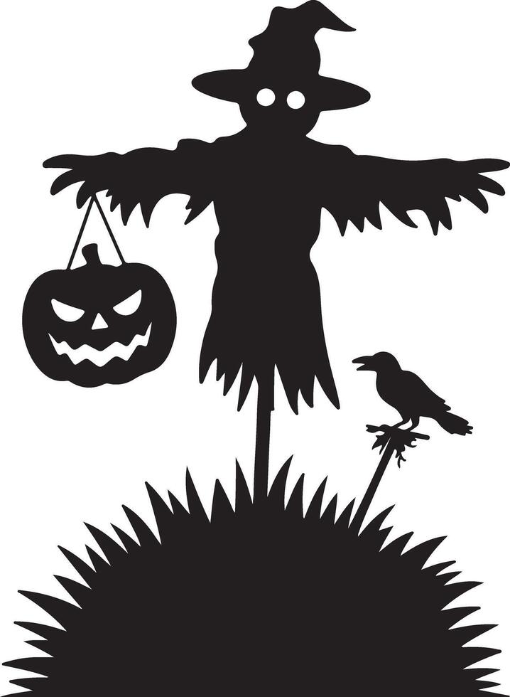 Black silhouette of a scarecrow with a pumpkin and a crow halloween vector