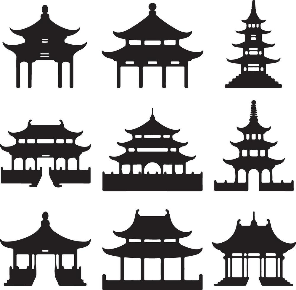 Nine Black Silhouettes of Asian Style Temples Pagodas and Gateways on White Background Architectural Icons Set vector