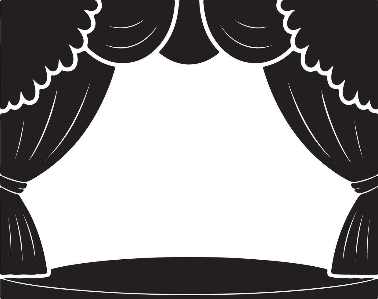 Black silhouette stage curtains with ornate valance and a circular stage platform illustration design element vector
