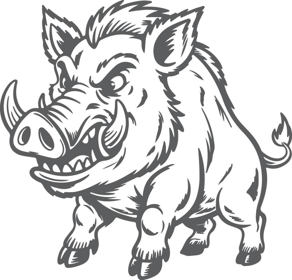Aggressive Gray Silhouette of a Wild Boar with Sharp Tusks and Bristly Fur Standing on All Four Legs vector