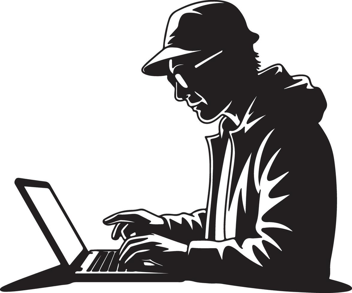 Person wearing hat and glasses typing on laptop silhouette computer vector