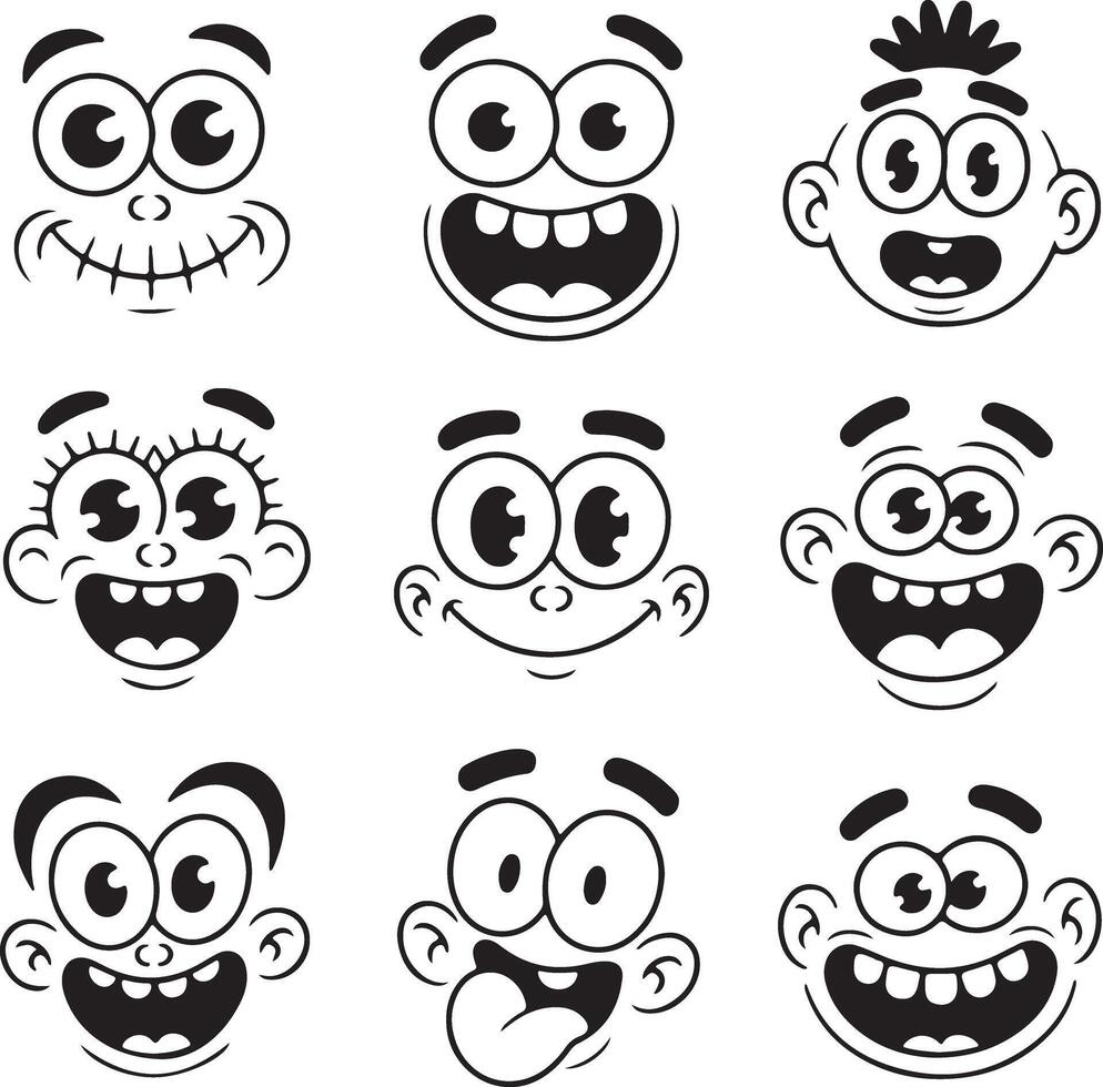 Cartoon faces with expressive eyes and wide smiles expressions vector