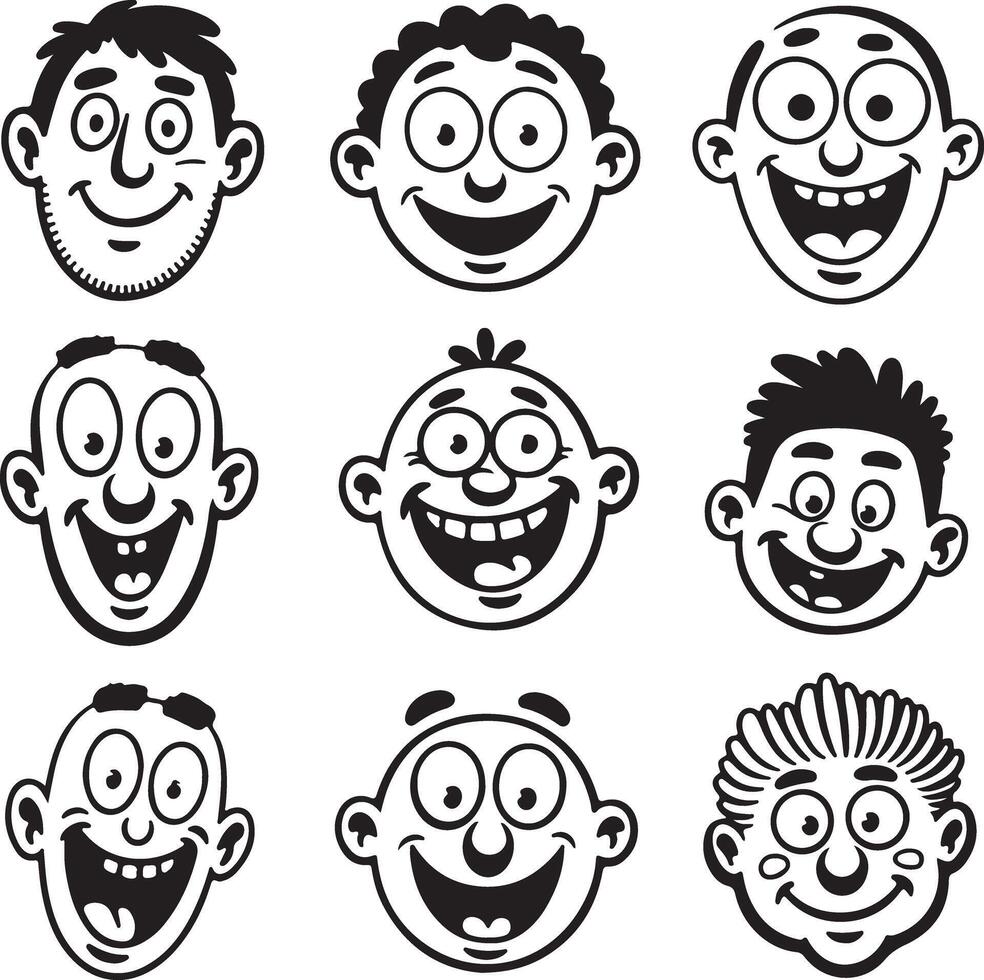 Nine Black and White Cartoon Silhouettes of Happy Male Faces with Varying Hairstyles and Expressions vector