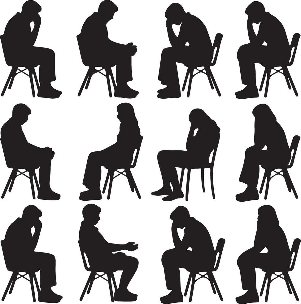 Twelve Black Silhouettes of People Sitting in Chairs Various Poses Thoughtful Contemplative vector