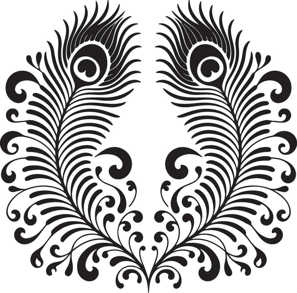 Symmetrical Black and White Peacock Feather Design with Ornate Floral Swirls Elegant Silhouette Illustration for Invitations Cards and Decor vector