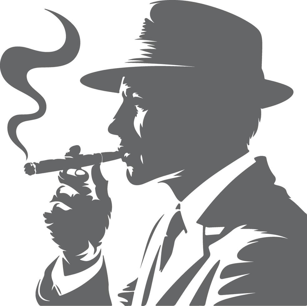 Man in hat smoking cigar with smoke silhouette vector